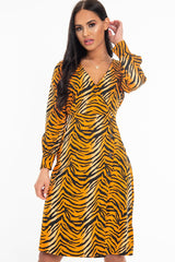 Orange Tiger Print Plunge Wrap Button Front Midi Dress - Bettie
