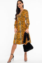 Orange Tiger Print Plunge Wrap Button Front Midi Dress - Bettie