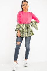 Neon Pink Lime Snake Print Flare Sleeve Peplum Top - Dhara