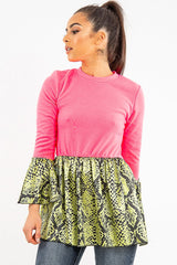 Neon Pink Lime Snake Print Flare Sleeve Peplum Top - Dhara