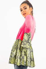 Neon Pink Lime Snake Print Flare Sleeve Peplum Top - Dhara