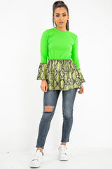 Neon Green Lime Snake Print Flare Sleeve Peplum Top - Dhara