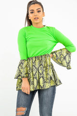 Neon Green Lime Snake Print Flare Sleeve Peplum Top - Dhara