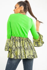 Neon Green Lime Snake Print Flare Sleeve Peplum Top - Dhara