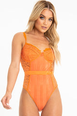 Orange Lace Mesh Stripe Cup Detail Bodysuit - India