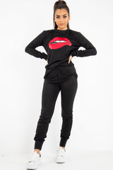 Black Red Lips Printed Tracksuit - Lydea