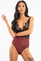Wine Black Sheer Lace Plunge Bodysuit - Aneya