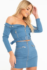 Light Wash Denim Biker Crop Top Skirt Co-Ord - Meika