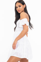 White Shirred Bardot Tiered Textured Mini Dress - Emma