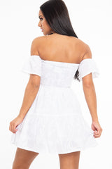 White Shirred Bardot Tiered Textured Mini Dress - Emma