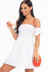 White Shirred Bardot Tiered Textured Mini Dress - Emma