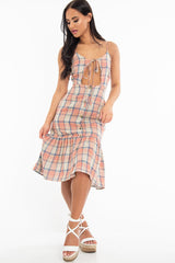 Beige Check Tie Button Front Ruffle Hem Midi Dress - Lorenza