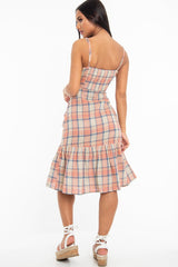 Beige Check Tie Button Front Ruffle Hem Midi Dress - Lorenza