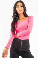 Neon Pink Ribbed Square Neck Bodysuit - Alysha
