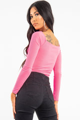 Neon Pink Ribbed Square Neck Bodysuit - Alysha