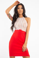 Red Crepe Belted Bodycon Mini Skirt - Raven
