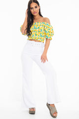 White Lemon Print Shirred Bardot Puff Sleeve Crop Top - Agnes
