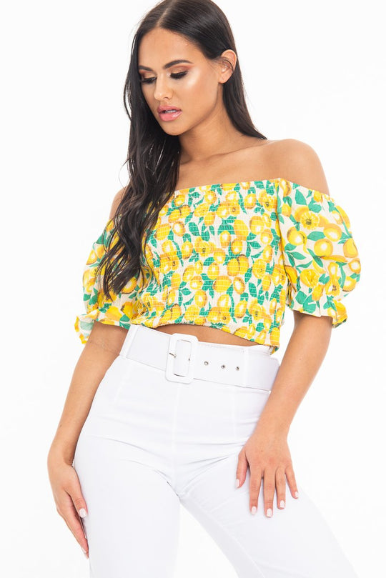 White Lemon Print Shirred Bardot Puff Sleeve Crop Top - Agnes