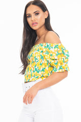 White Lemon Print Shirred Bardot Puff Sleeve Crop Top - Agnes