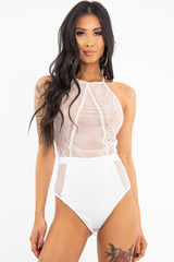 White Sheer Lace High Neck Bodysuit - Joules