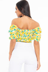 White Lemon Print Shirred Bardot Puff Sleeve Crop Top - Agnes