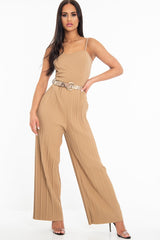 Camel Strapless Belted Pleated Wide Leg Jumpsuit - Jasmine