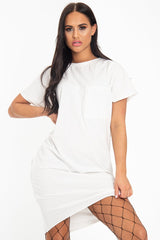 White Oversized Pocket Front Midi T-Shirt Dress - Whitney