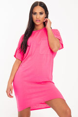 Neon Pink Oversized Pocket Front Midi T-Shirt Dress - Whitney