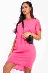 Neon Pink Oversized Pocket Front Midi T-Shirt Dress - Whitney