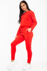 Red White Detail Line Sweatshirt and Jogger Set - Shealee