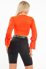 Orange Frill Sleeve Plunge Neck Crop Top - Michaella