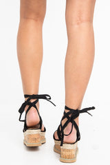 Black Faux Suede Double Strap Lace Up Wedges - Nyia