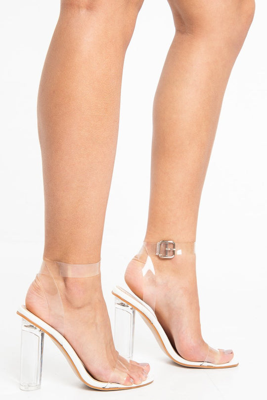 White Clear Strap Perspex Block Heels - Janice
