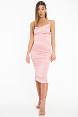 Light Pink Satin Cowl Neck Midi Bodycon Dress - Liliana