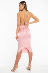 Light Pink Satin Cowl Neck Midi Bodycon Dress - Liliana