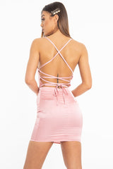 Light Pink Satin Lace Up Bodycon Mini Dress - Sira