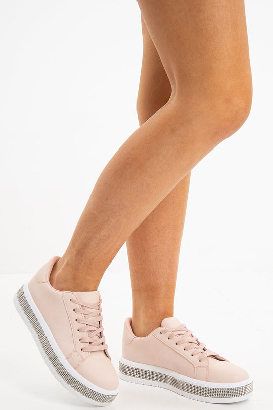 Pink Faux Leather Diamante Cleated Sole Trainers - Jevaeh