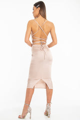 Nude Satin Cowl Neck Midi Bodycon Dress - Liliana