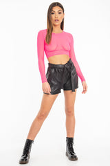Neon Pink Mesh Long Sleeve Crop Top - Presley