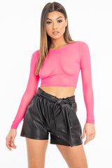 Neon Pink Mesh Long Sleeve Crop Top - Presley