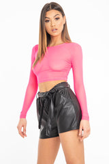 Neon Pink Mesh Long Sleeve Crop Top - Presley