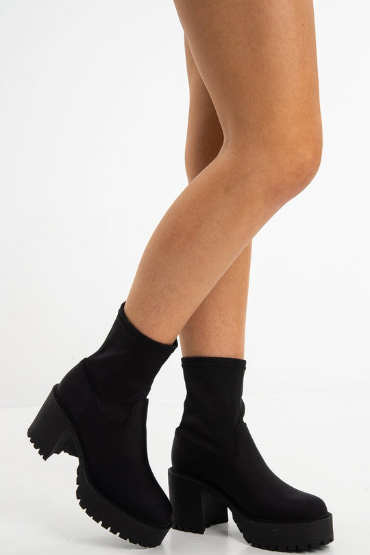 Black Lycra Cleated Sole Block Heel Sock Boots - Valena