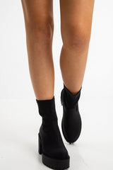 Black Lycra Cleated Sole Block Heel Sock Boots - Valena