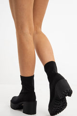 Black Lycra Cleated Sole Block Heel Sock Boots - Valena