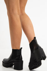 Black Faux Leather Chunky Sole Block Heel Boots - Sofie