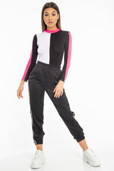 White Black and Neon Pink Contrast Long Sleeved Bodysuit - Lareen