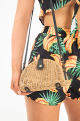 Tan Woven Faux Leather Detail Semi Circle Bag - Devyn