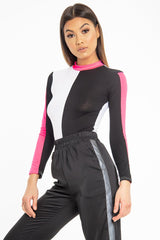 White Black and Neon Pink Contrast Long Sleeved Bodysuit - Lareen