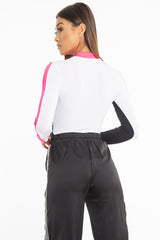 White Black and Neon Pink Contrast Long Sleeved Bodysuit - Lareen
