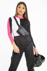 White Black and Neon Pink Contrast Long Sleeved Bodysuit - Lareen